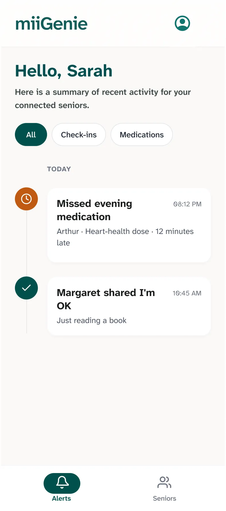 Carer home feed showing check-ins: a missed evening medication and Margaret shared I'm OK