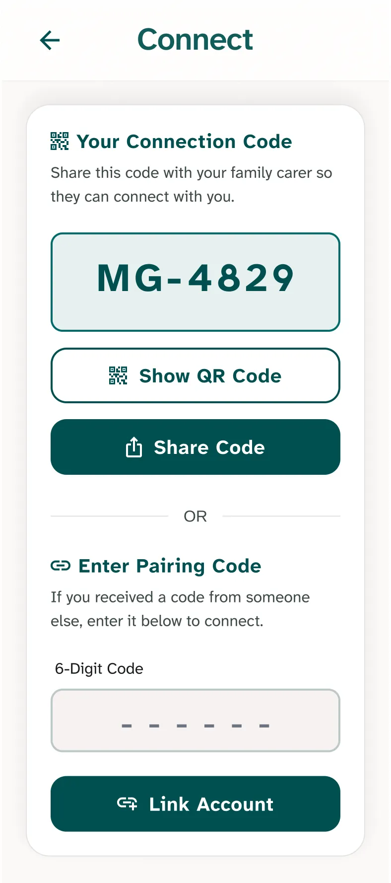 Connect screen with a large pairing code and QR code for linking a family carer