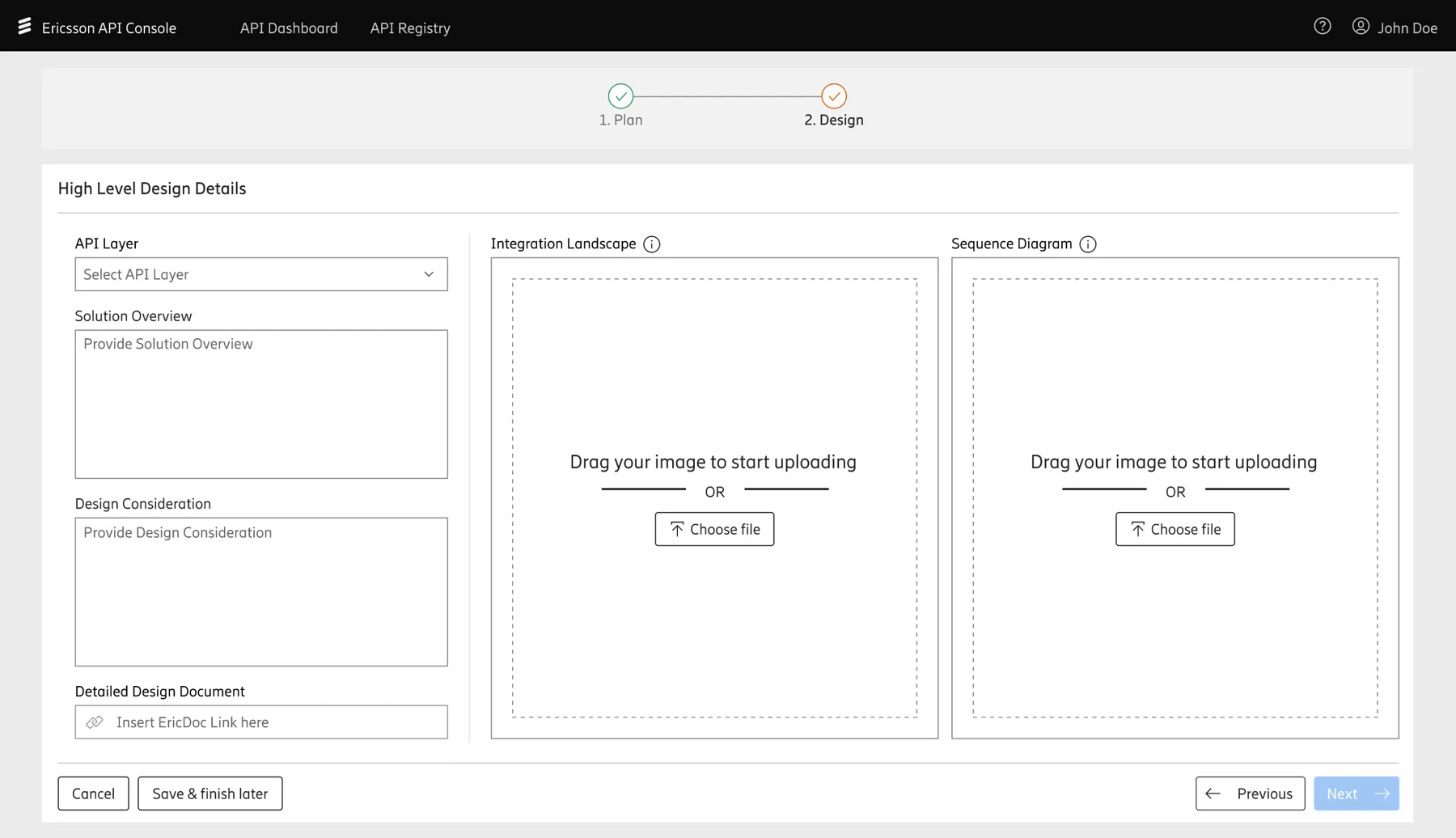 API Console multi-step design definition workflow
