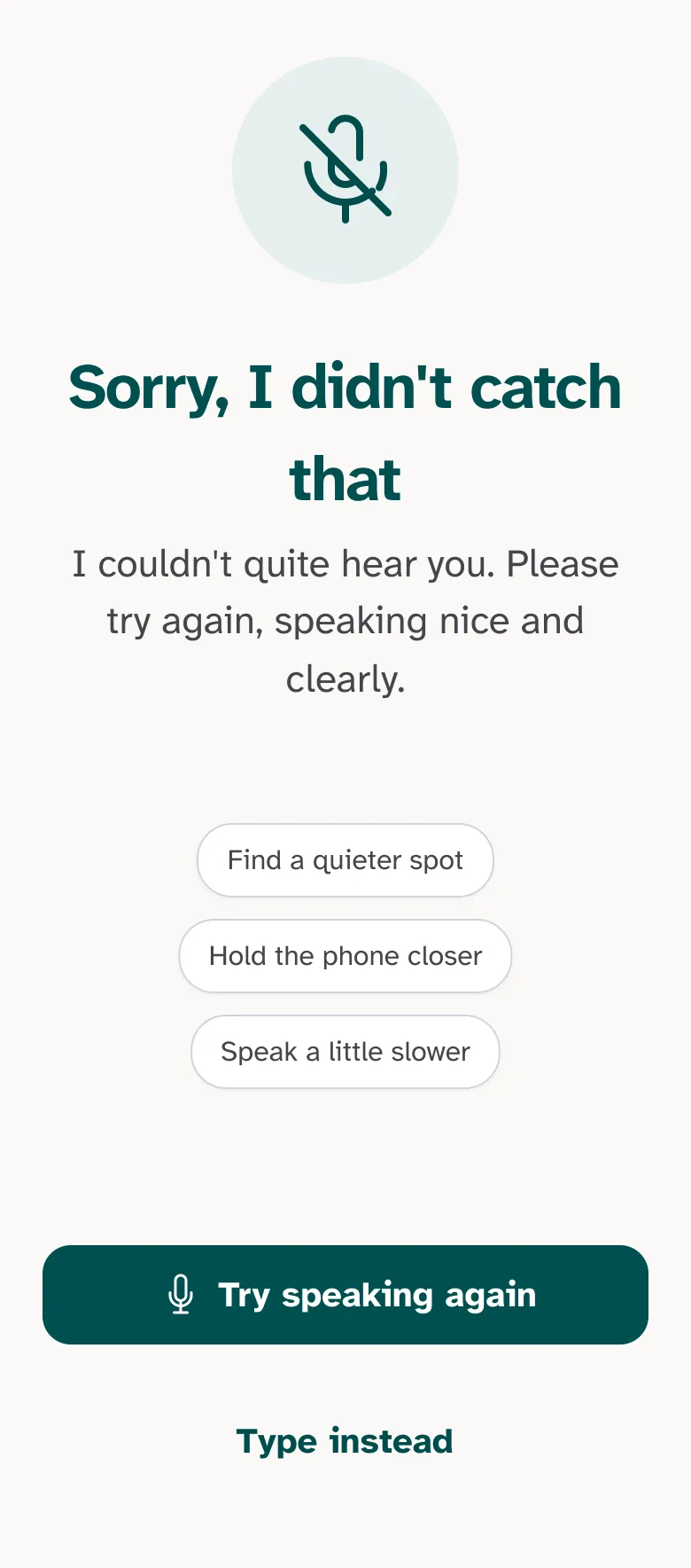 Error state: sorry, I didn't catch that, offering quieter-space tips, try again, and a typed path
