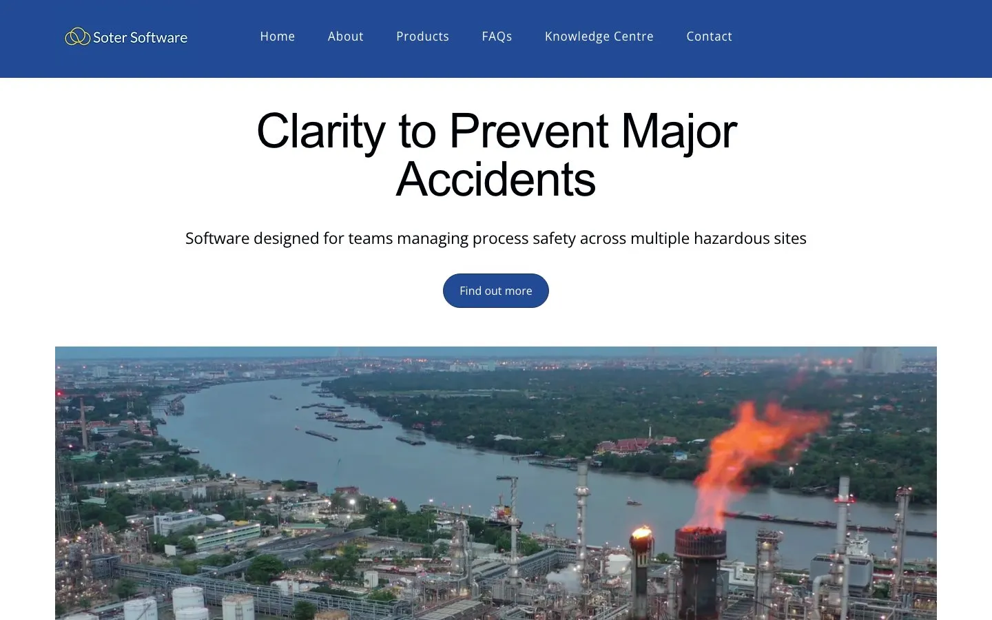 Soter Software new homepage, 'Clarity to Prevent Major Accidents' over an aerial view of a process facility