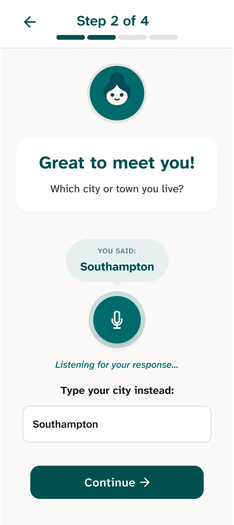 Voice-guided onboarding step asking which city you live in, with the spoken answer shown and a type-instead fallback field